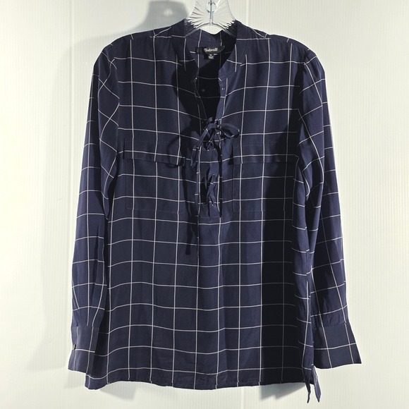 Madewell Tops - Madewell Navy Silk Windowpane Lace Up Blouse F5658 Womens XS Grid Long Sleeve